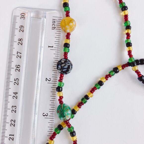VTG 90s Mosaic Glass Beaded Necklace Red Yellow Green Afrocentric Boho Style - Picture 10 of 11